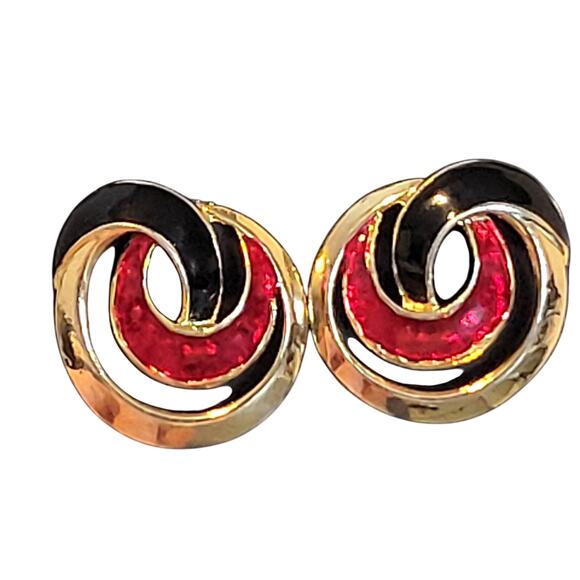 Vintage Gold Tone Enamel Swirl Pierced  Earrings Black Red Round 1” - Picture 1 of 8